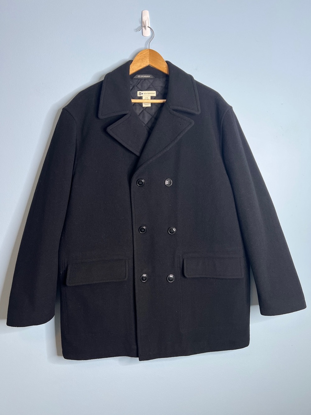 Wilke Rodriguez Black Double-Breasted Wool Blend Men's Peacoat Size Large